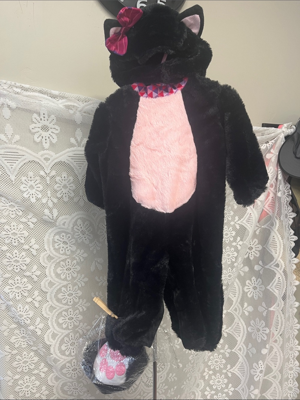 Spooktacular Plush Black and Pink Cat Costume with Hood and Booties NIB 6-12